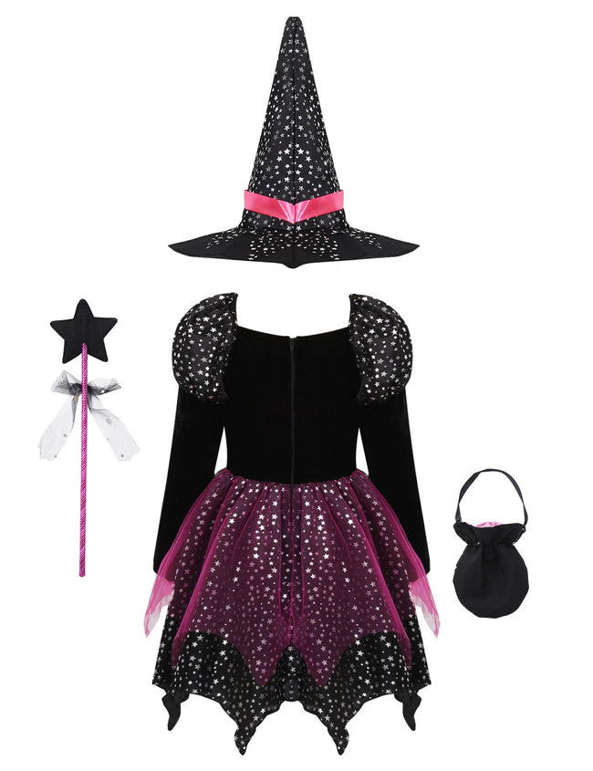 Rochie de vrăjitoare pentru fetițe, cu pălărie, baghetă și gentuță – costum tematic pentru Halloween și joc de rol